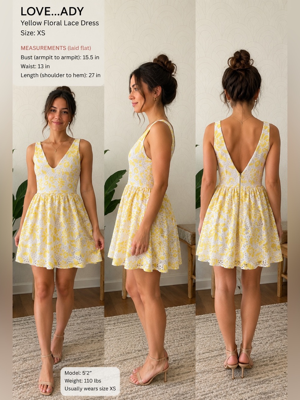 LOVE...ADY Yellow Floral Lace V-Neck Mini Dress